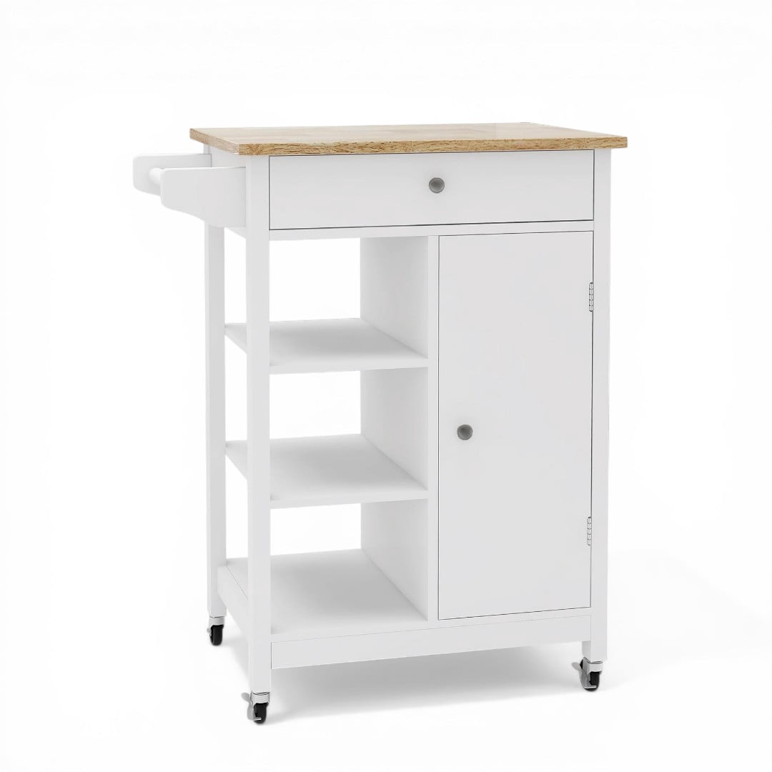 Gzxs Kitchen Island, Small Rolling Kitchen Cart with Open Storage Shelves, Dining Serving Utility Trolley on Wheels with Drawer & Cabinet, Towel Rack, Rubberwood Top, White+Natural