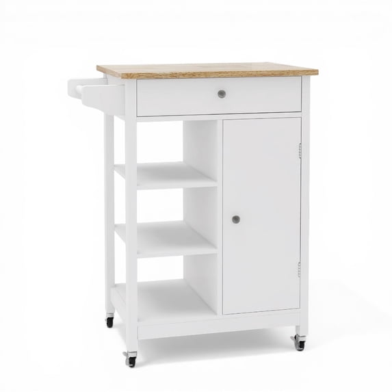 Gzxs Kitchen Island, Small Rolling Kitchen Cart with Open Storage Shelves, Dining Serving Utility Trolley on Wheels with Drawer & Cabinet, Towel Rack, Rubberwood Top, White+Natural
