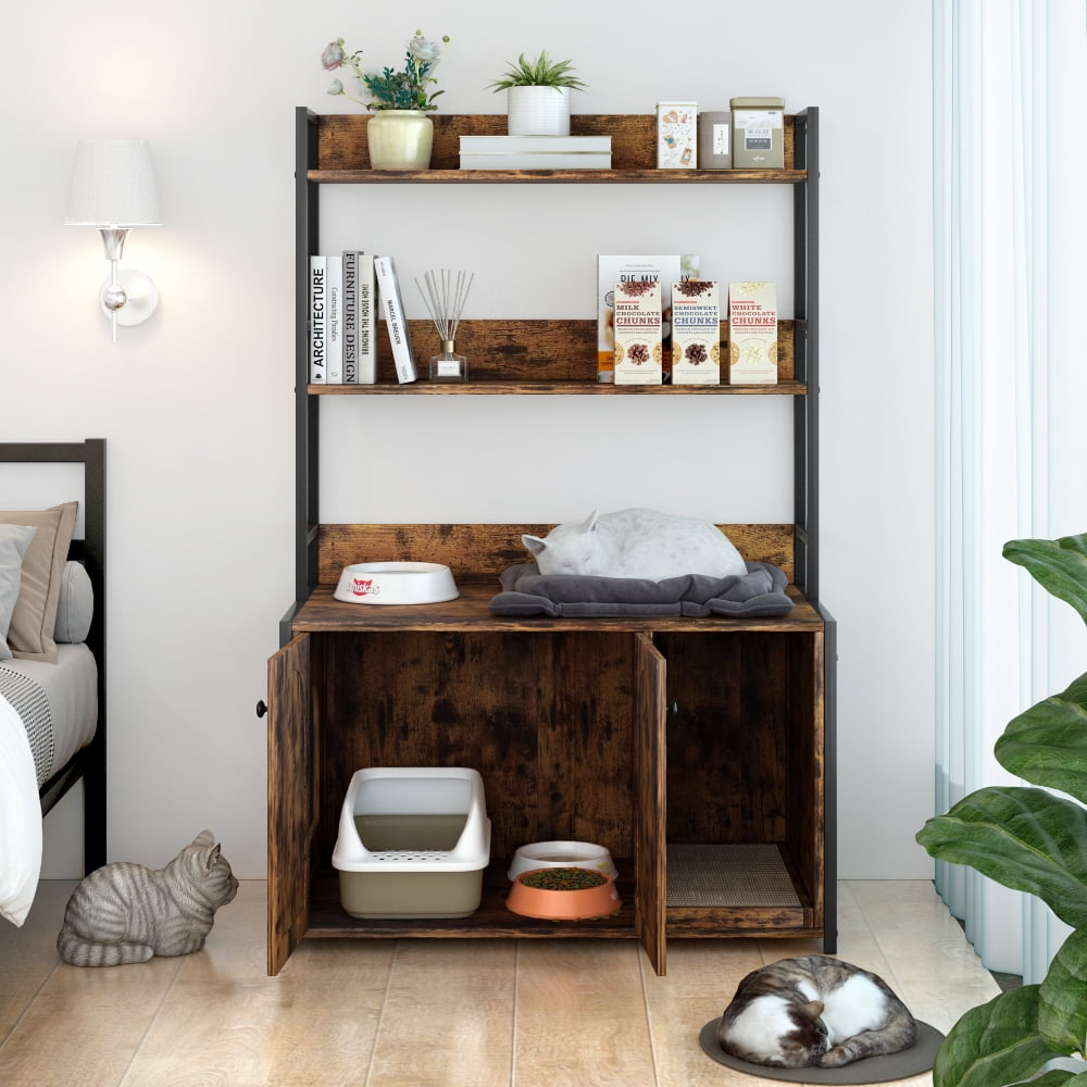 Rustic Brown MDF and Metal Cat Litter Box Enclosure with Shelves