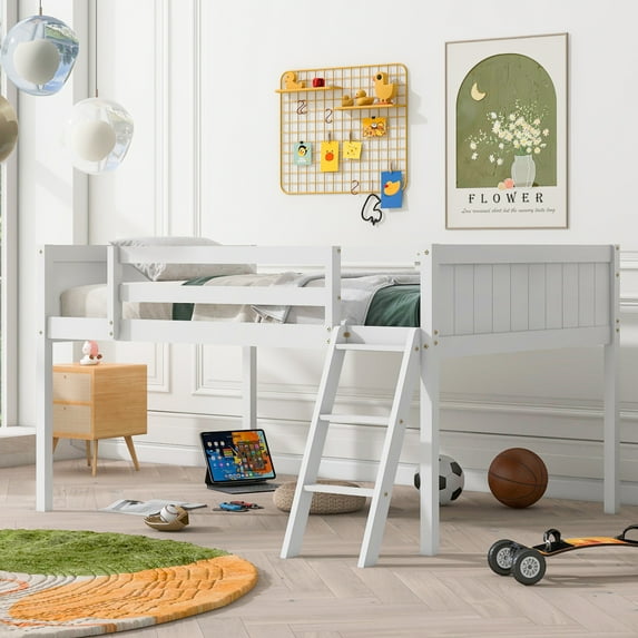 Gzxs Low Loft Bed, Full Size Wood Loftbed Frame with Safety Guardrail, The Inclined Ladder can be placed on Left or Right, White