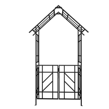 Gzxs Metal Garden Arch with Gate, 97" H Outdoor Rose Arbor Trellis, Black Powder-Coated Climbing Plant Support Archway for Garden, Patio, or Walkway