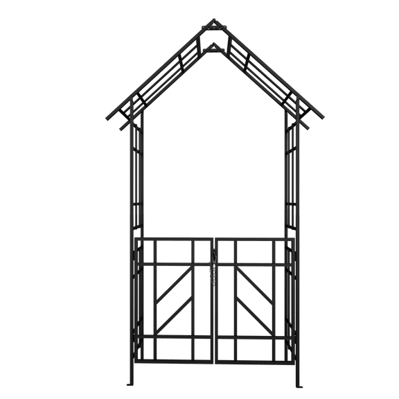 Gzxs Metal Garden Arch with Gate, 97" H Outdoor Rose Arbor Trellis, Black Powder-Coated Climbing Plant Support Archway for Garden, Patio, or Walkway