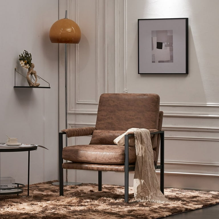 Gzxs Mid Century Modern Chair Leather Accent Chair Living Room Accent Chairs Upholstered Armchair with Metal Frame for Bedroom Office Reception Room Light Brown Walmart
