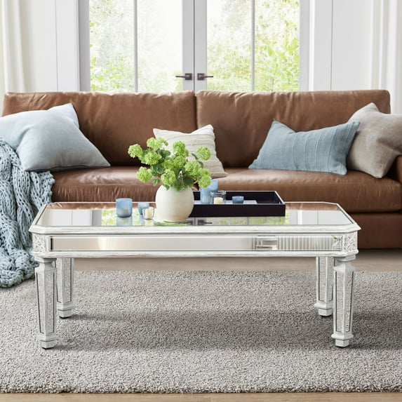 Gzxs Mirrored Rectangle Coffee Table w/ Vintage Carved Elements, Modern Center Table for Living Room, Home Office, 48"L x 23.6"W x 18.5"H (Oak+Silver)