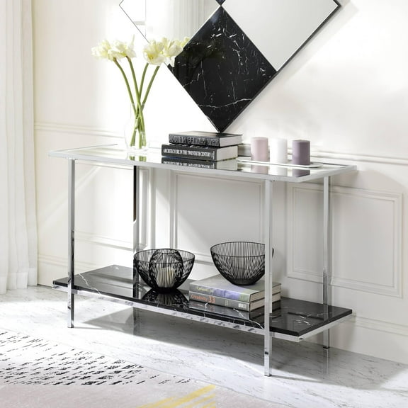 Gzxs Mirrored-Top Console Table, 2 Tier Entryway Table with Faux Marble Finish Shelf and Chrome Metal Frame, 48"L Narrow Sofa Table for Entryway, Living Room, Hallway, Foyer, Office, Black