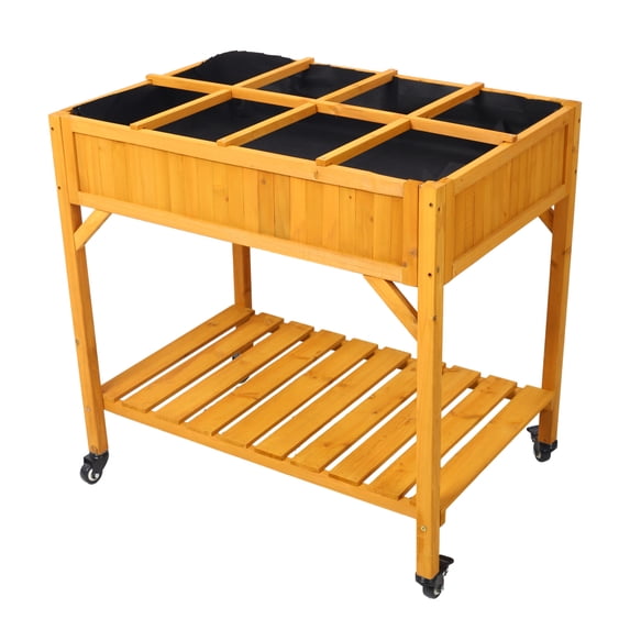 Gzxs Mobile Elevated Garden Bed on Wheels, 8-Grid Divider Raised Wood Planter Box for Herbs, Vegetables, Flowers w/ Fabric Liners, Drainage Holes and Storage Shelf - 36"L x 24.2"W x 34.6"H, Natural