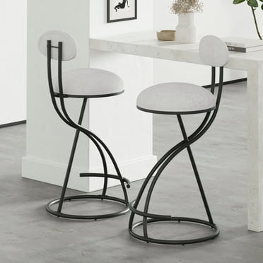 Gzxs Modern Bar Stools Set of 2, 28" Counter Height Stools, Armless Round Barstools with Black Metal Frame and Floral Print White Seat for Home Kitchen Island Pub Coffee Shop