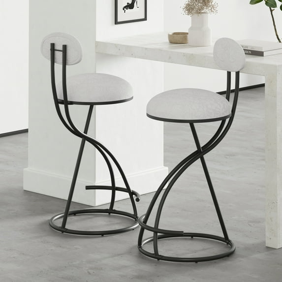 Gzxs Modern Bar Stools Set of 2, 28" Counter Height Stools, Armless Round Barstools with Black Metal Frame and Floral Print White Seat for Home Kitchen Island Pub Coffee Shop