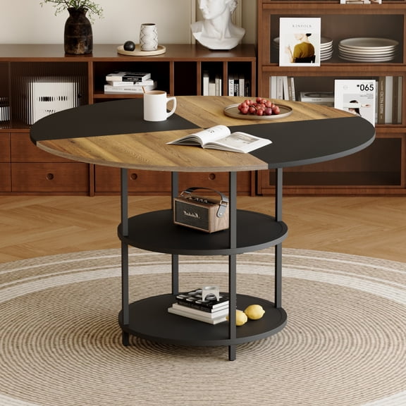 Gzxs Modern Dining Table with Metal Frame and Double-Layer Storage Space, Circle Kitchen Table with Free Splicing Desktop, for Restaurant, Living Room, Courtyard (Wood+Black, 47.3"Dia x 29.7"H)