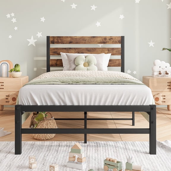 Gzxs Modern Metal Platform Bed with Wooden Headboard, No Box Spring Needed, Twin Size, Black and Brown