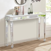 Gzxs Modern Mirrored Sofa Table, Entryway Console Table w/ Carving Design, Hallway Foyer Table for Display or Display, 48L x 13.78W x 32.7H Oak+Silver