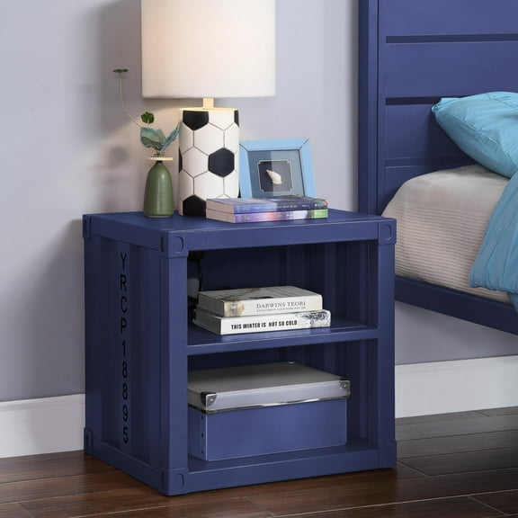 Gzxs Modern Nighstand w/ USB Ports - Metal End Table for Small Space, Industrial Side Table with Open Shelf, Blue