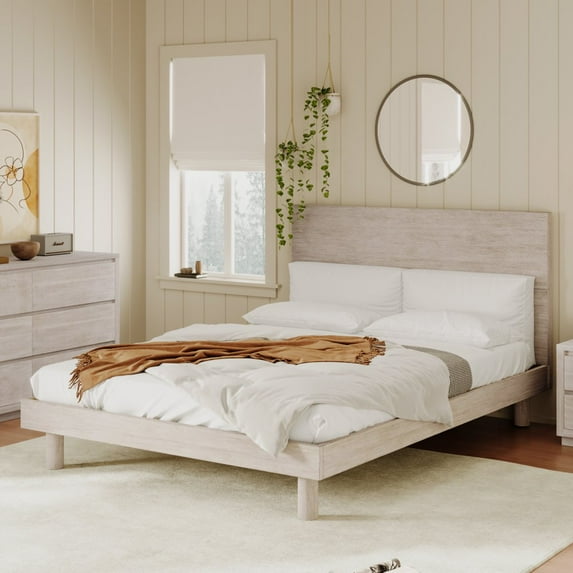 Gzxs Modern Queen Size Wood Platform Bed with Headboard, Concise Style, Stone Gray