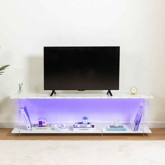 Gzxs Modern TV Stand with LED Lights, Entertainment Center Television Stands for 69 Inch TV, TV Cabinet with Acrylic Partition (White, 66.14"L x 15.75"W x 18.9"H)