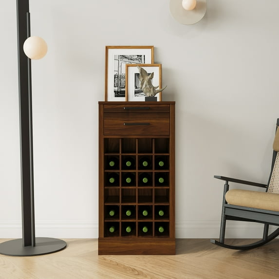 Gzxs Modular Liquor Bar Cabinet with Wine Holder Rack for 24 Bottles - Vintage Dining Room Storage Solution with Single Drawer, Walnut