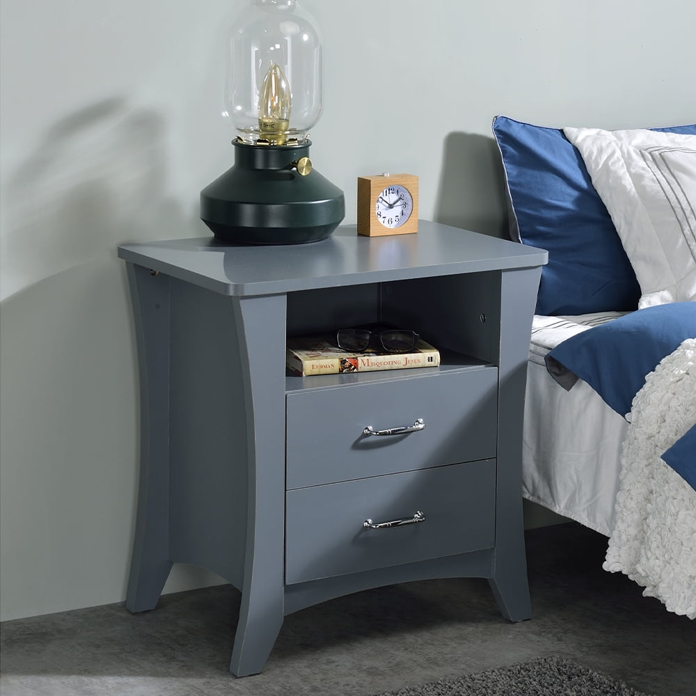 Gray 2-Drawer Wooden Nightstand with Open Shelf