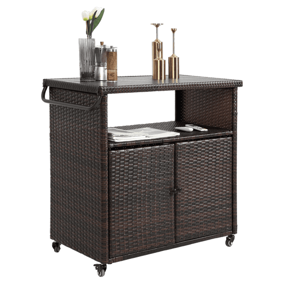 Gzxs Outdoor Bar Cart with Storage Cabinet, Patio Wicker Buffet Sideboard Prep Table, Kitchen Serving Cart with Rolling Wheels & Handle, Portable Beverage Bar Table with Open Shelf, Brown