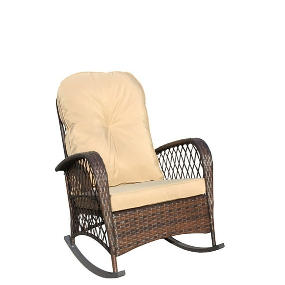 Gzxs Outdoor Patio Rocking Chair - Wicker Rattan Rocker Chair with Steel Frame for Front Porch, Backyard, Balcony, Poolside and Garden (Brown)