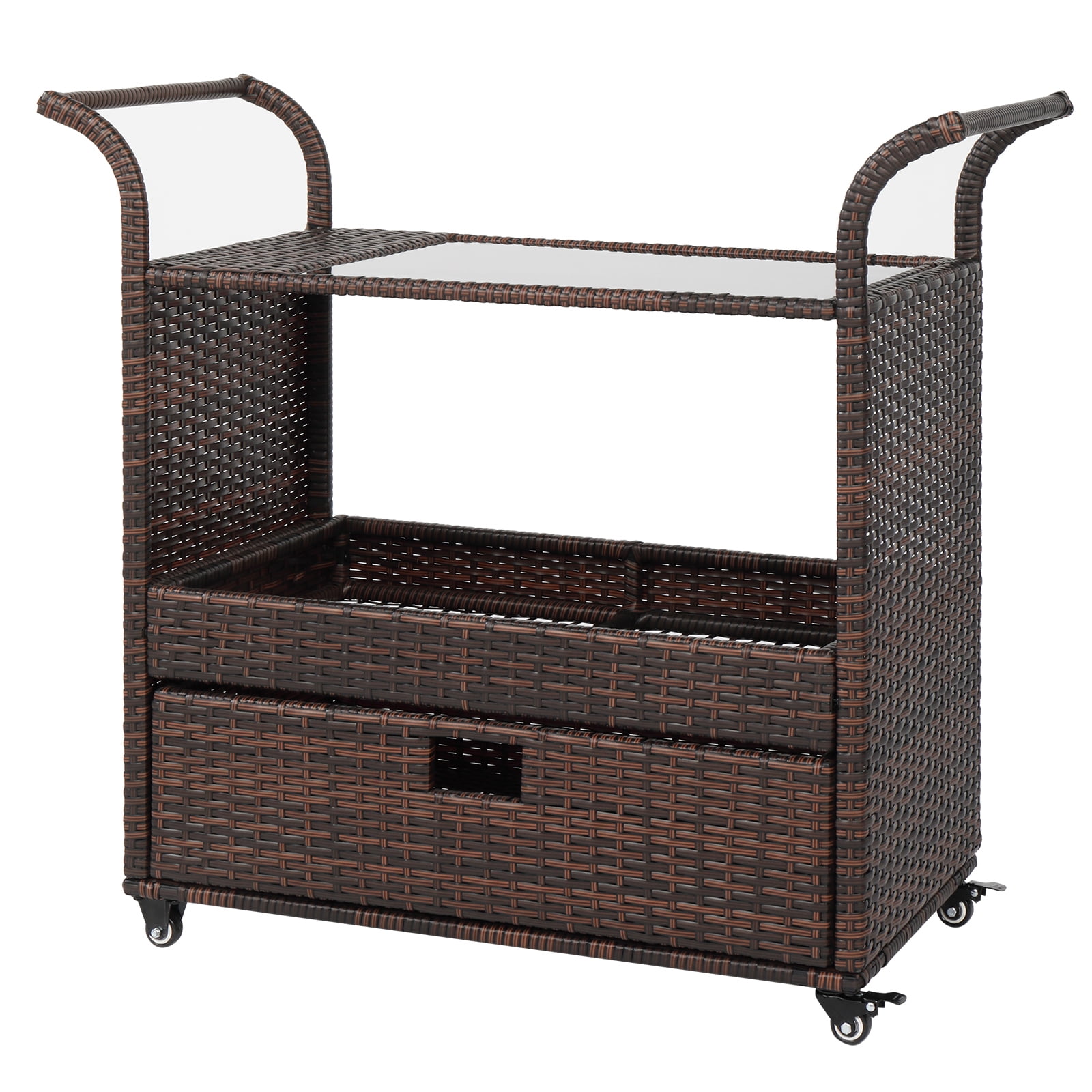 Multi-Brown Wicker and Iron Indoor Bar Cart with Storage