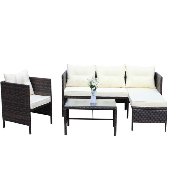 Gzxs Outdoor Sectional Furniture, 4 Pieces Patio PE Rattan Wicker Sofa Set, All Weather Patio Conversation Set with Cushions and Coffee Table for Deck, Lawn and Pool (Brown/Beige)