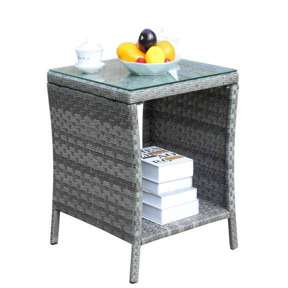 Gzxs Outdoor Small Patio Table w/ Glass Top, PE Rattan Coffee Table, 2-Tier Square Wicker Side Table for Patio, Balcony & Porch (Gray, 19.25"L x 19.25"W x 21"H)