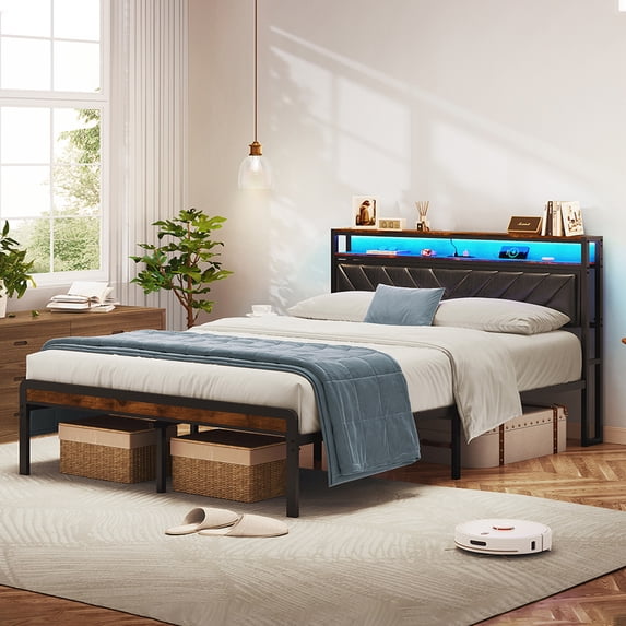 Gzxs Platform Bed, Queen Size Heavy Duty Metal Bedframe with LED Light and Charging Station, Angle-Adjustable Upholstered Headboard and Under-Bed Storage Space, Max 1000 LBS Load, Antique Brown