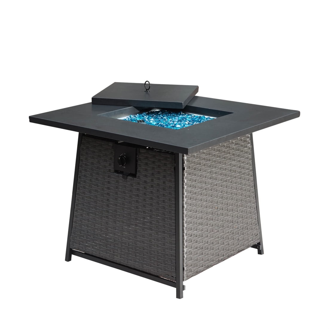 32" Black Steel Propane Gas Fire Pit Table with Wicker Base