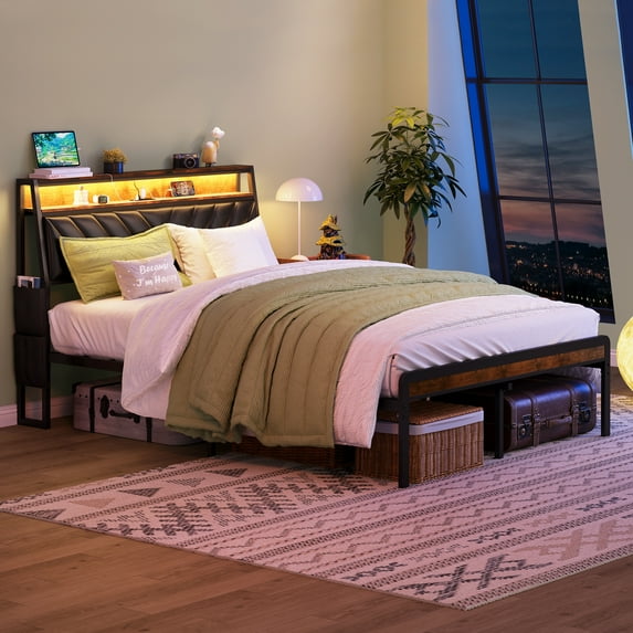 Gzxs Queen Size Metal Platform Bed with 105° Tilted Upholstered Headboard and Side Hanging Bags, RGB LED Light and Charging Station, Heavy Duty with 900lbs Weight Capacity, Antique Brown