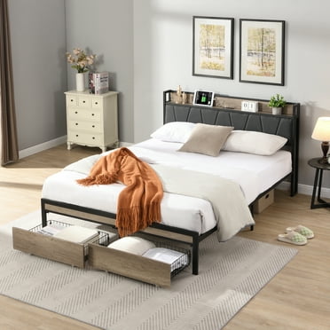 Gzxs Queen Size Metal Platform Bed with Upholstered Headboard and USB Charging Station, 2 Drawers and Large Under Bed Storage Space, No Box Spring Needed, Black+Gray