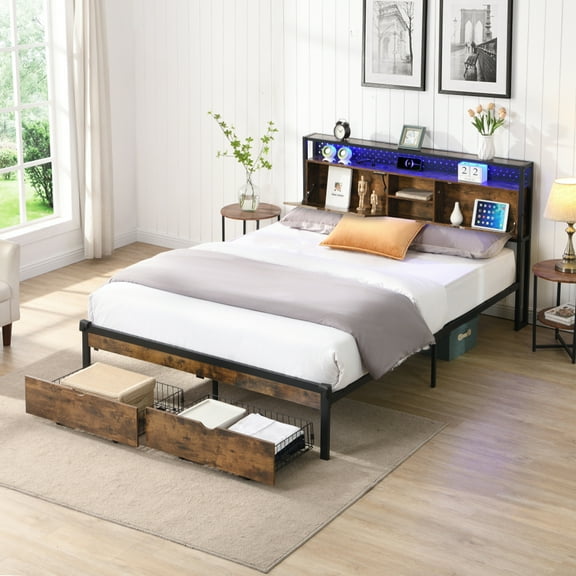 Gzxs Queen Size Metal Platform Bed with Storage Headboard, 2 Drawers, Charging Station and LED Light Strip, Black+Brown