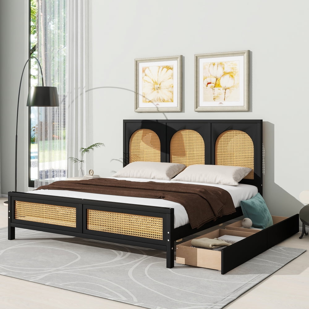 Black Queen Size Pine Wood Platform Bed with Rattan Headboard and Storage Drawers