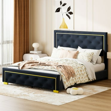 Gzxs Queen Size Velvet Upholstered Platform Bed with Tufted Headboard and Footboard, Golden Metal Legs, Black