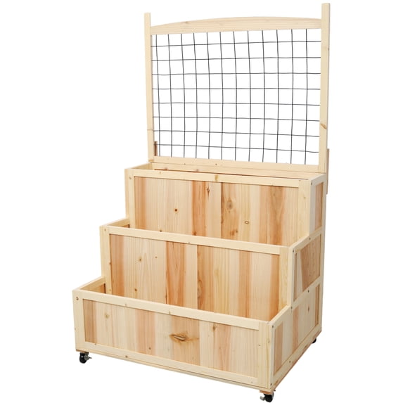 Gzxs Raised Garden Bed with Trellis, 3-Tier Wooden Elevated Planter Box with Drain Holes, Lockable Wheels and Back Storage Area, Garden Trellis for Vine Fruit Vegetable Flower Herb (Natural)