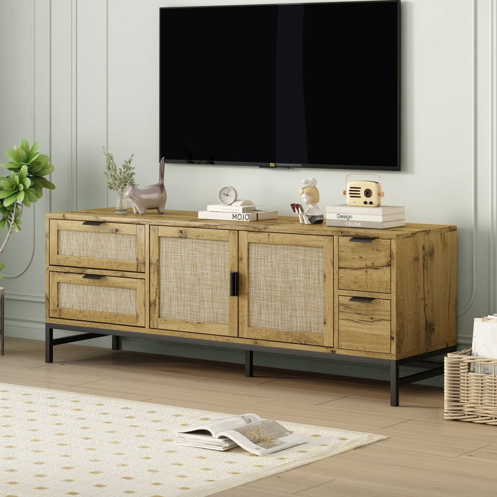 Gzxs Rattan TV Stand for TVs up to 65", Boho Style Living Room Media ...