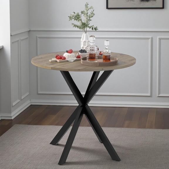 Gzxs 31.5 Inch Round Dining Table for 2-4, Industrial Vintage Kitchen Table with Metal Cross Legs & Adjustable Foot Pads, for Small Space (Rustic Brown)