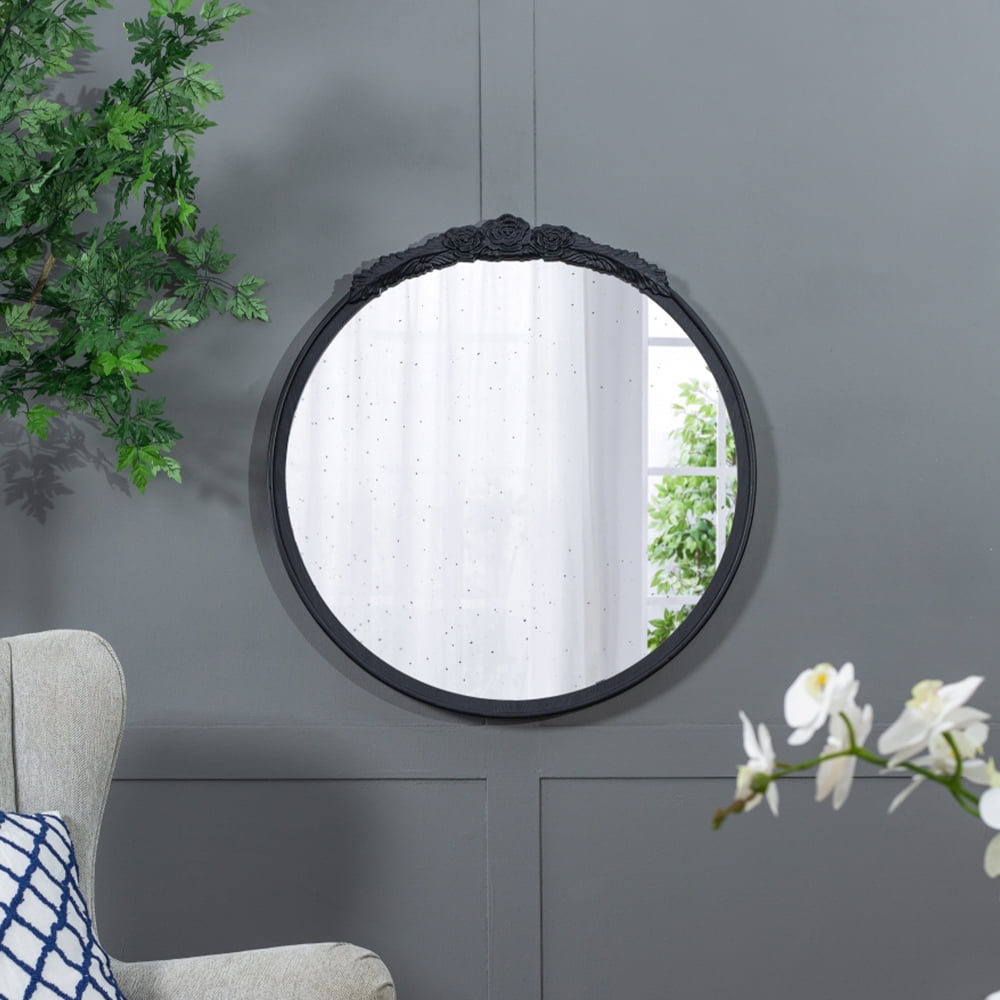 30" Black Metal Round Wall Mirror with Carved Rose Detail
