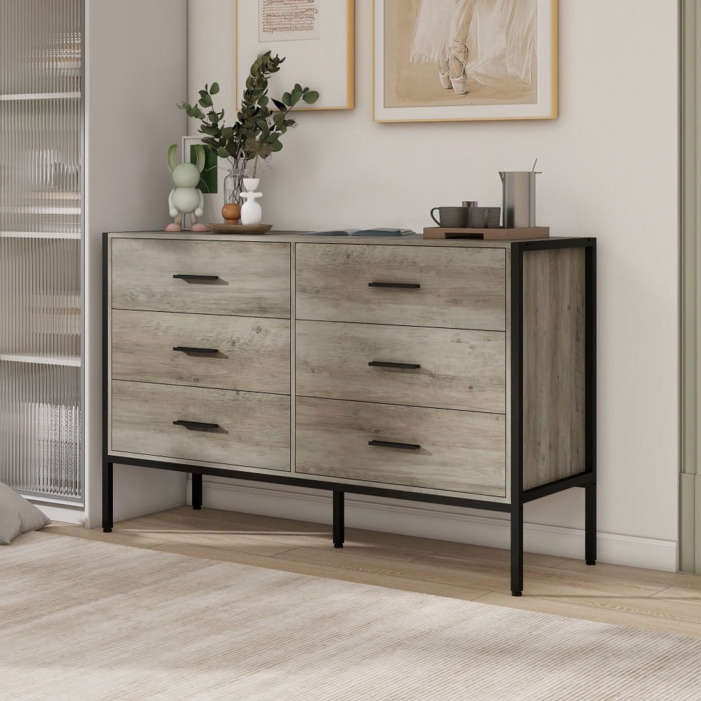Rustic Gray Wood Dresser with Black Metal Frame, 6 Drawers