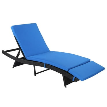 Gzxs S Shape Iron Frame Woven Rattan Bed,Chaise Loungers,with with Adjustable Backrest and Removable Blue Cushion,Rattan Wicker Patio Lounge Chairs,for Patio Poolside Backyard Porch (Blue)