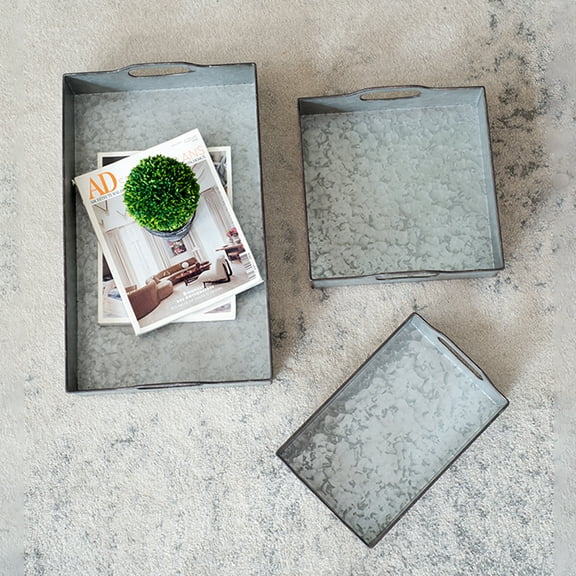 Gzxs Set of 3 Large Serving Trays w/Handles, Nesting Breakfast Serving Trays Afternoon Tea Tray, Galvanized Iron Decorative Rectangular Display Trays Set for kitchen Party Dinner Snack (Gray)
