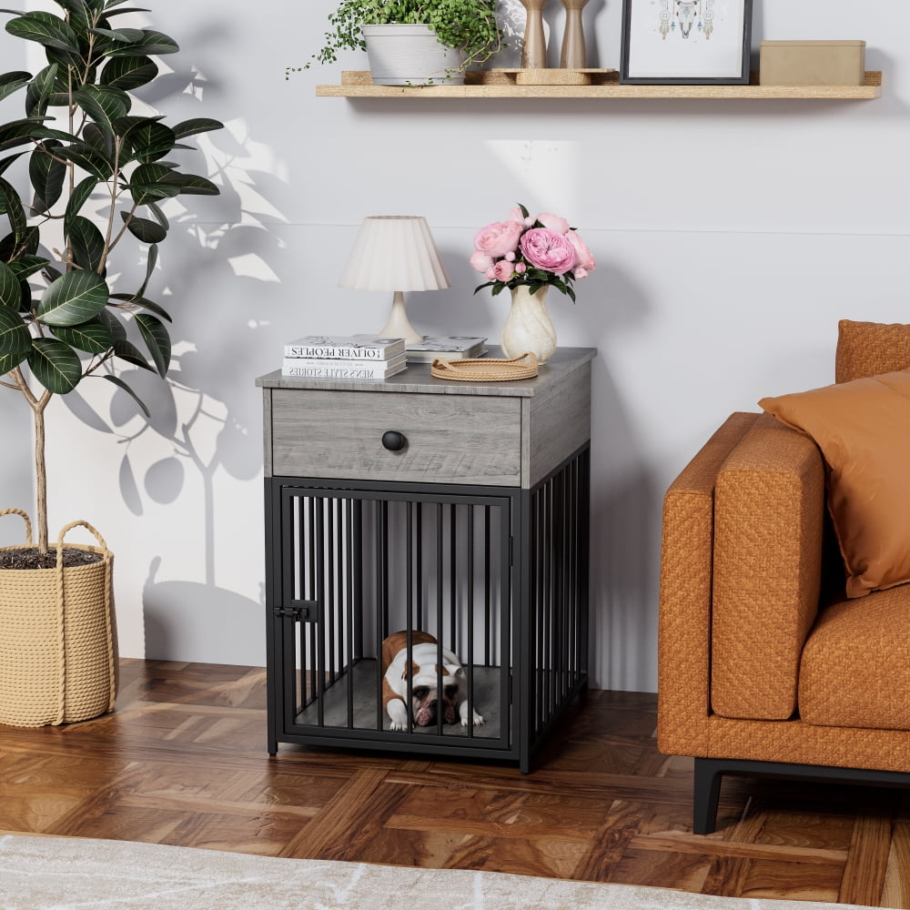 Small Gray Iron and Wood Pet Crate End Table