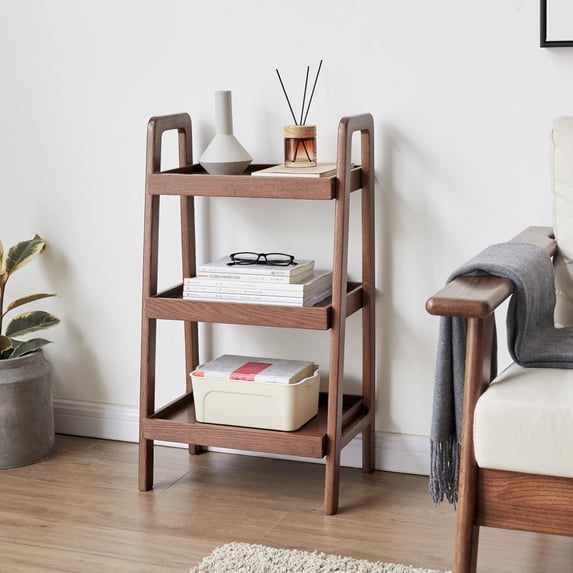 Gzxs Small Ladder Bookshelf, Solid Oak Wood Etagere Bookcase, 3-Tiers Storage Open Shelf Display Rack for Living Room, Kitchen, Bathroom, Walnut