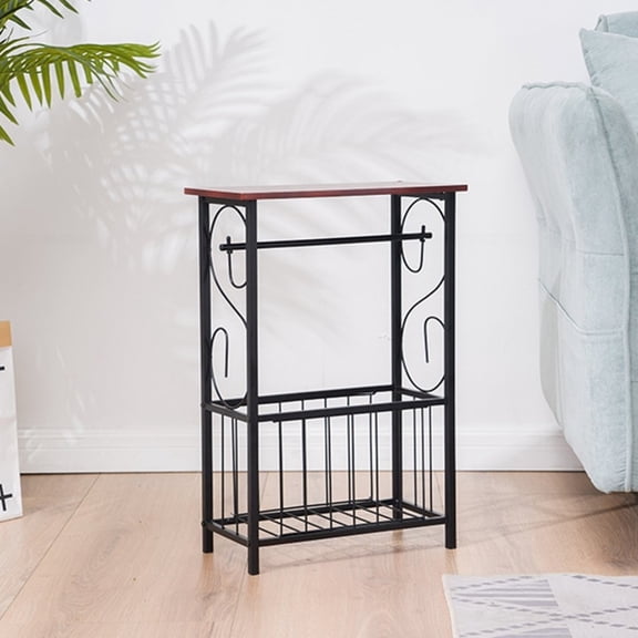 Gzxs Sofa Side Table End Table Coffee Table Bathroom Table with Metal Storage Basket and Roller Paple Holder, Brown