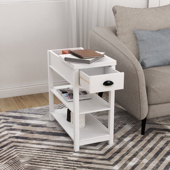 Gzxs Sofa Side Table Narrow End Desk with Drawer and Open Shelf, Flip Top Design for Bedroom Living Room, White
