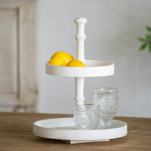 Gzxs Tiered Tray Cupcake Stand, 2 Tier Round Decorative Wooden Tray Stand Homeware Display Platter for Kitchen, Party, 11.8"L x 11.8"W x 15.4"H (White)
