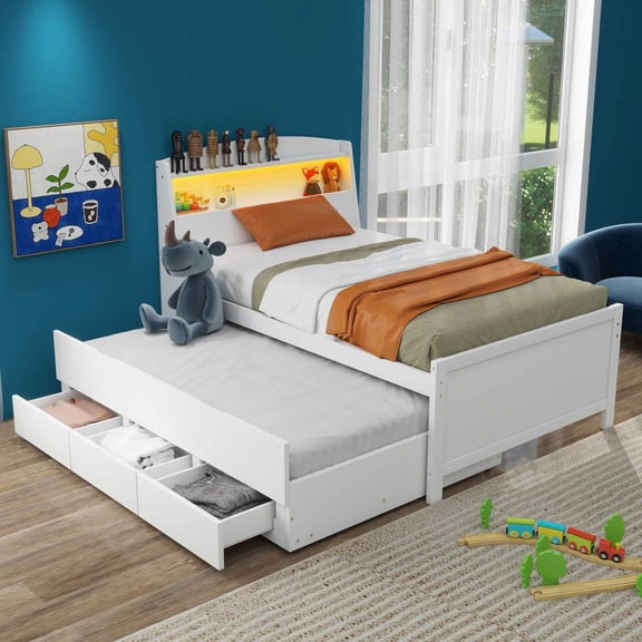 Gzxs Twin Size Captain Bed with Trundle and 3 Drawers, Wooden Platform Bed with Storage Headboard and LED Light, White