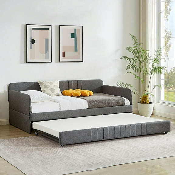 Gzxs Twin Size Gray Upholstered Daybed with Trundle, Modern Sofa Bed with Sturdy Metal Frame for Bedroom, Living Room, Guest Room