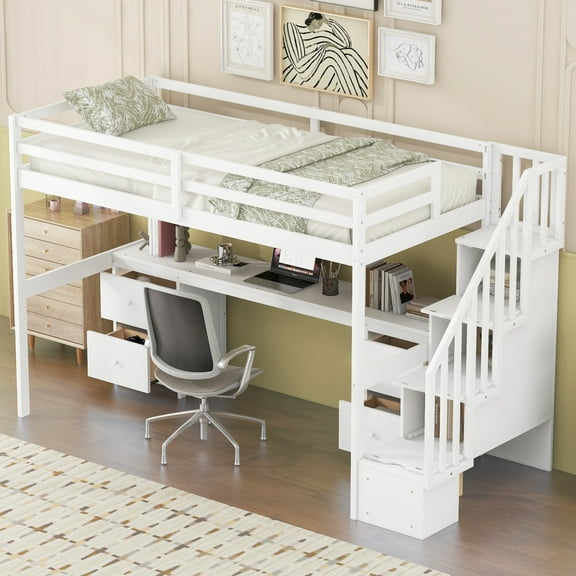 Gzxs Twin Size Loft Bed with Built-in Long Writing Desk and 4 Storage Drawers, Wooden Loft Bedframe with Full-Length Safety Guardrail and Storage Staircase, White