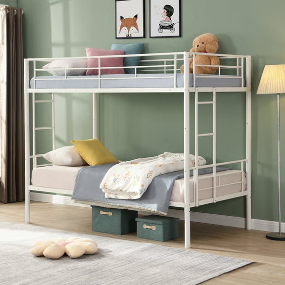 Gzxs Twin over Twin Size Metal Bunk Bed Frame with 2 Side Built-in Ladders and Full-Length Guardrail, Detachable Bed can be Divided into 2 Beds, White