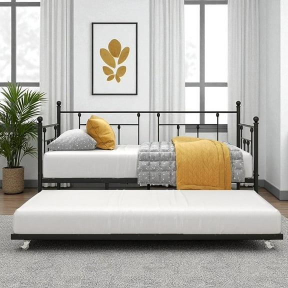 Gzxs Twin Size Metal Daybed Frame with Pull-Out Trundle, Victorian Style Sofa Bed for Living Room, Bedroom, or Guest Room - Black