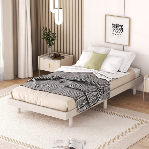 Gzxs Twin Size Platform Bed Frame with Rubberwood Legs and Wooden Slats Support, Floating Design, White Washed